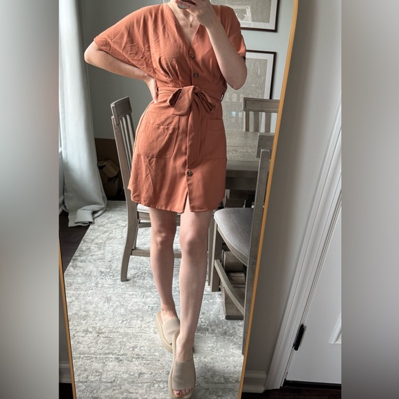 Women's Orange Rust Button-Down Tie Belt Dress - Picture 3 of 10